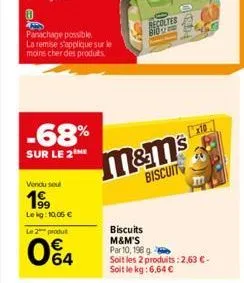 -68%  sur le 2  vendu soul  1999  le kg: 10,05 €  le 2 produt  64  panachage possible  la remise s'applique sur le moins cher des produits.  recoltes  m&ms  biscuit  biscuits m&m's par 10, 198 g  soit