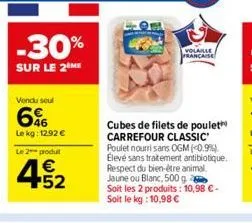 -30%  sur le 2 me  vendu seul  6%  le kg: 12.92 €  le 2 produt  452  €  volaille française  cubes de filets de poulet carrefour classic poulet nourri sans ogm (0.9%) élevé sans traitement antibiotique