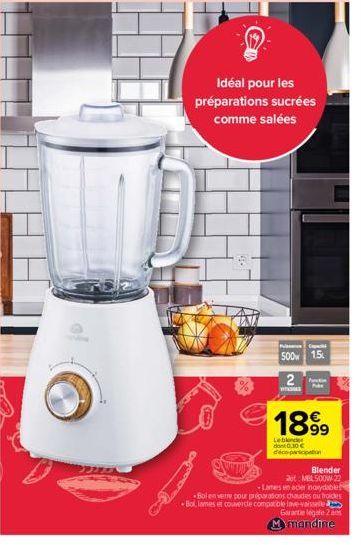 VEGA  Idéal pour les  préparations sucrées comme salées  Pub  500 1.5  2  WISSES  P  1899  Lebender dont 0.30 € departin  Blender  20t: MBL500W-22  -Lames en acier inoxydable -Bolen verre pour prépara