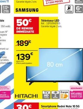 HITACHI H  Téléviseur LED Ref.:32F501HE1105 Garantie légale 2 ans  TV C  80 cm  Energie  ASSURANCE 