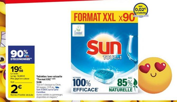 90%  D'ÉCONOMIES™  1998  La boite Le kg: 12,69 € Prix payé en caisse  Soit  Tablettes lave vaisselle "Format XXL" SUN  Tout en 1 dassique ou Citron,  90 lavages, 1,575 kg. Soit 17,98 € sur la Carte Ca