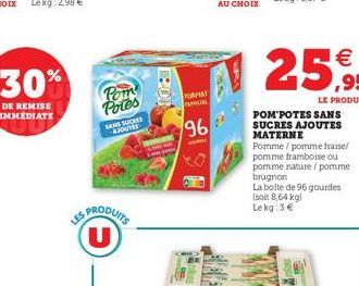 Pom Potes  SANS SUCESS AJOUTES  LES PRODUITS U  IPO  FORMAT AMICIAS  96  POM POTES SANS SUCRES AJOUTES MATERNE Pomme/pomme fraise/ pomme framboise ou pomme nature / pomme brugnon  La bolte de 96 gourd