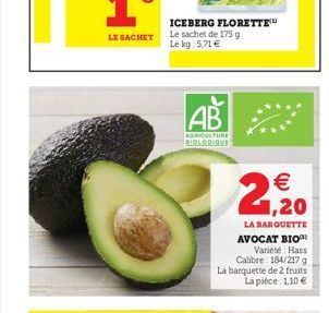 ICEBERG FLORETTE  Le sachet de 175 g Le kg: 5,71 €  AB  AGRICULTURE BIOLOGIQUE  2,20  LA BARQUETTE AVOCAT BIO Variété Hass Calibre: 184/217 g La barquette de 2 fruits La pièce: 1,10 € 