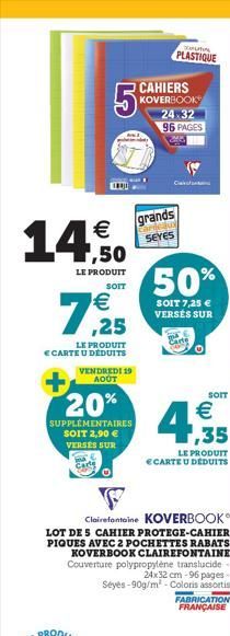 14€  LE PRODUIT  SOIT  5%  €  7,25  LE PRODUIT ECARTE U DEDUITS  VENDREDI 19 AOUT  20%  SUPPLÉMENTAIRES  SOIT 2,90 € VERSES SUR Carte  CAHIERS KOVERBOOK 24 32 96 PAGES  grands Carde on SEYES  Samutun 