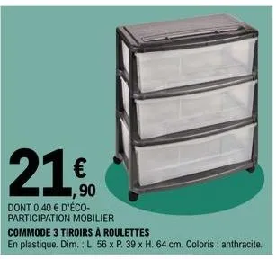 € 1,90  dont 0,40 € d'éco-participation mobilier  commode 3 tiroirs à roulettes  en plastique. dim.: l. 56 x p. 39 x h. 64 cm. coloris : anthracite. 