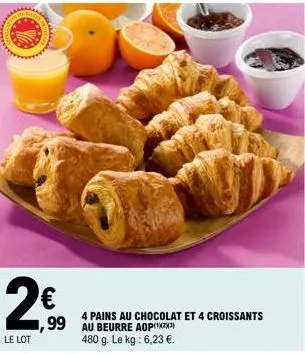 2€  le lot  4 pains au chocolat et 4 croissants  99 au beurre aop) 480 g. le kg: 6,23 €. 