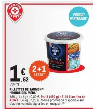 reper  1€  ,62  2+1  offert  l'unité  rillettes de saumon(¹)  "ronde des mers"  onde mers  billettes de  saumon  chan  asc  150 g. le kg: 10,80 €. par 3 (450 g): 3,24 € au lieu de 4,86 €. le kg: 7,20 