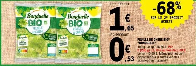 baghete  bonduelle  bio  feuille de chene  plastou recycle  borge  bonduelle bio  feuille  chene  plastion recycle  le 1 produit  1€  65  le 2º produit  0€  53 disponible sur d'autres variétés  signal