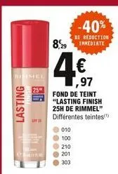 tommel  lasting  u  -40%  de reduction  8,29 immediate  4€  1,97  fond de teint "lasting finish 25h de rimmel" différentes teintes(¹)  010  100  210  201  303 