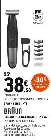 目  45MIN  Autonomie  }}}}}  BRAUN  GARANTIE CONSTRUCTEUR 2 ANS.!")  Ref. BRAUN SERIES XT5  Lame 4D avec zone centrale active. Rase dans les 2 sens. Manche anti-dérapant. Lame en acier inoxydable.  -30