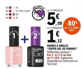 25  45  ●●  TIRNIR  01  N829  01 TOP COAT  20  SUP-E 1  21  SUPER  Ge  +15  2  SANS LAMPE UN  RIMMEL  LE 1 PRODUIT  5€  LE 2 PRODUIT SUR LE 29 PRODUT ACHETE  VERNIS À ONGLES "SUPER GEL DE RIMMEL" Diff