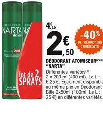 SEDONANT SE  NARTANA  HOME  24H  4,16  DÉODORANT ATOMISEUR "NARTA"  lot de 2 Différentes variétés(¹) SPRAYS 6,25 €. Egalement disponible  2 x 200 ml (400 ml). Le L:  au même prix en Déodorant Bille 2x