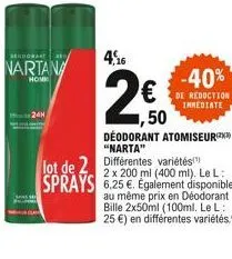 sedonant se  nartana  home  24h  4,16  déodorant atomiseur "narta"  lot de 2 différentes variétés(¹) sprays 6,25 €. egalement disponible  2 x 200 ml (400 ml). le l:  au même prix en déodorant bille 2x