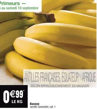 ANTILLES FRANCAISES, ÉQUATEUR AFRIQUE  SELON APPROVISIONNEMENT EN MAGASIN  €99  LE KG  Banane  variété Cavendish, cat. 1 