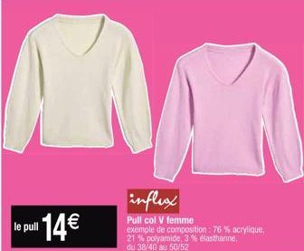 le pull 14€  influx  Pull col V femme exemple de composition: 76 % acrylique, 21 % polyamide, 3% elasthanne, du 38/40 au 50/52  