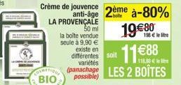 Crème de jouvence 2ème à-80% anti-âge  LA PROVENÇALE  COSMETIONS  BIO  50 ml  la boite vendue  seule à 9,90 €  existe en différentes soit variétés  115.30 €  (panachage LES 2 BOITES  possible)  19€80 