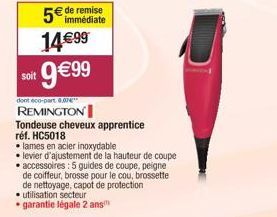 soit  5€ de remise  immédiate  dont eco-part 4.07€  REMINGTON Tondeuse cheveux apprentice  réf. HC5018  • lames en acier inoxydable  levier d'ajustement de la hauteur de coupe  • accessoires : 5 guide