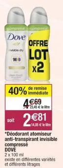 comm  dove  40% de remise  immédiate  soit  4€69  2 €81  14,056 *déodorant atomiseur anti-transpirant invisible compressé dove  2 x 100 ml  existe en différentes variétés et différents litrages  offre