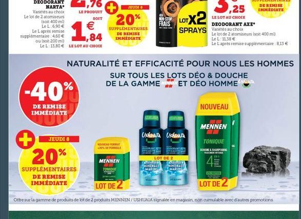 DEODORANT NARTA  Variétés au choix  Le lot de 2 atomiseurs  (soit 400 ml) Le L: 6,90 €  Le Laprès remise supplémentaire 4,60 €  ,84  ou (soit 200 ml) Le L: 13,80 € LE LOT AU CHOIX  -40%  DE REMISE IMM