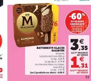 m  magnum  almond  $6  joe  batonnets glaces magnum amande  la boite de 6 (soit 492 g) le kg: 6,81 € le kg des 2: 4,74 € ou chocolat blanc ou classic  (soit 474 g)  le kg 7,07 €  les 2 produits au cho