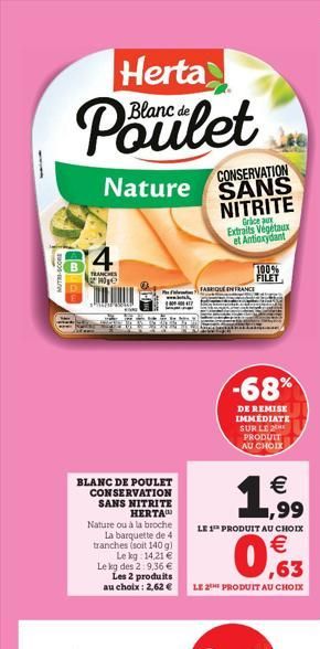 MUTRI-SCORE  B  Herta  Blanc de  Poulet  CONSERVATION  Nature SANS  NITRITE  4  TRANCHES Mg  PRWAY  BLANC DE POULET CONSERVATION SANS NITRITE HERTA  Nature ou à la broche  La barquette de 4 tranches (