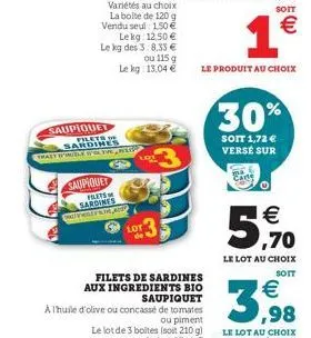 saupiquet  sarding  thalt d'huile wolive,  variétés au choix la boite de 120 g vendu seul: 150 € le kg: 12,50 € le kg des 3:8,33 €  ou 115 g lekg: 13,04 €  saupiquet  filets sardines nothill froh, and