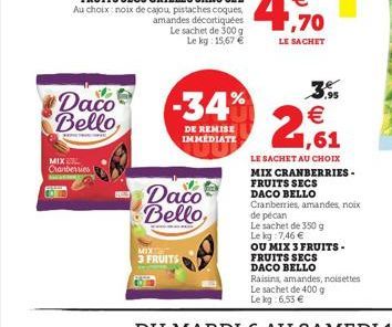 Daco Bello  MIX Cranberries  -34%  DE REMISE IMMEDIATE  Daco Bello  MIX 3 FRUITS  € 1,61  LE SACHET AU CHOIX MIX CRANBERRIES-FRUITS SECS DACO BELLO  (11) 