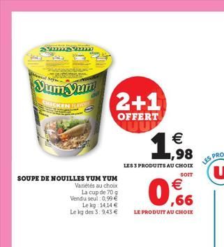 Samsu3770  Pecal Sty  Yum Yum  KEN FLAVO  SOUPE DE NOUILLES YUM YUM Variétés au choix La cup de 70 g Vendu seul: 0,99 €  Le kg: 14,14 € Le kg des 3: 943 €  2+1  OFFERT  LES 3 PRODUITS AU CHOIX  SOIT  