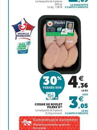 VOLAILLE FRANÇAISE  BLEU BLANC COEUR  PACARON  Poulet  CUISSE DE POULET  FILERE U  La barquette de 6 pièces  30% 4,36  €  VERSÉS SUR  LE KG  SOIT  € ,05  LE KO  (15kg environ) ECARTE U DEDUITS  Commer