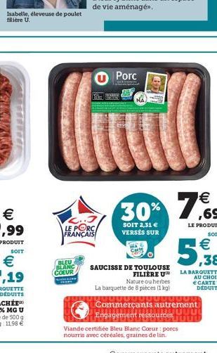 Isabelle, éleveuse de poulet filière U.  L..J LE PORC FRANÇAIS  BLEU BLANC COEUR  U Porc  Bonapada  30%  SOIT 2,31 € VERSÉS SUR  SAUCISSE DE TOULOUSE FILIERE U  Nature ou herbes La barquette de 8 pièc