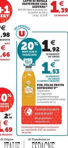 1,42  € 1,69  LE PRODUIT  € LES PRODUITS U  AZZURRA  24% MG dans le produit fini  Le sachet de 125 g Lekg: 11.12 €  SOIT 0,39 € VERSÉ SUR  Carte  CLEMENTE  20% 1,⁹92  €  1,39  LE PRODUIT  LE PRODUIT A