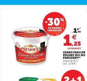 THRESTOE Ner  SAIT  PRESIDENT  Crème Fraiche Gontonomij  Excellente in cad45  -30%  DE REMISE IMMEDIATE  €  1,25  LE PRODUIT  CREME FRAICHE EPAISSE 30% MG PRESIDENT Le pot de 45 cl Le L: 2,78 €  