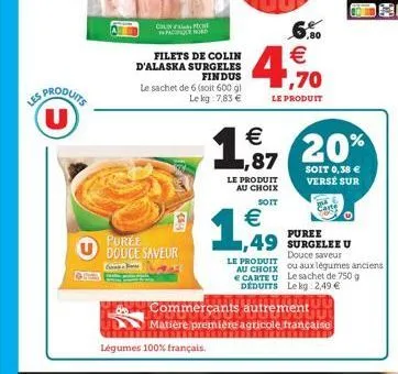 les  produits u  colch pacife nord  filets de colin d'alaska surgeles findus  le sachet de 6 (soit 600 gl le kg 7,83 €  cas  puree douce saveur  légumes 100% français.  6. €  1,70  le produit  €  1,97