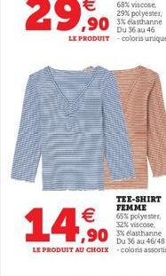 €  14.⁹0  TEE-SHIRT FEMME 65% polyester, 32% viscose,  Du 36 au 46/48  LE PRODUIT AU CHOIX -coloris assortis 