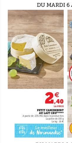 Pis Casebet  Wik  (  1,40  LA PIECE  PETIT CAMEMBERT  AU LAIT CRU  A partir de 23% MG dans le produit fini  La pièce de 150 g Le kg: 16 €  holz  Le meilleur  de Normandiec 