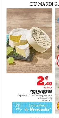 pis casebet  wik  (  1,40  la piece  petit camembert  au lait cru  a partir de 23% mg dans le produit fini  la pièce de 150 g le kg: 16 €  holz  le meilleur  de normandiec 