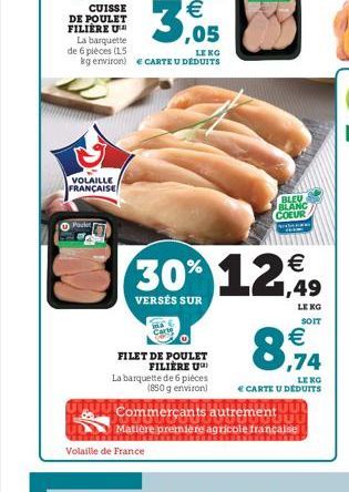 VOLAILLE FRANÇAISE  Pocket  BLEU BLANC COEUR  SECON  30% 12,99  €  VERSÉS SUR  LE KG  SOIT  €  ,74  LE KO  € CARTE U DÉDUITS  FILET DE POULET FILIERE U La barquette de 6 pièces (850 g environ) Commerç