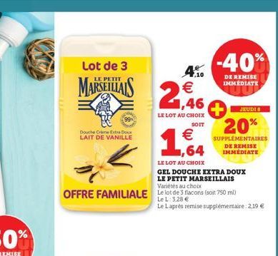 Lot de 3  LE PETIT  MARSEILLAIS  99  Douche Creme Extra Doux LAIT DE VANILLE  LE LOT AU CHOIX  GEL DOUCHE EXTRA DOUX LE PETIT MARSEILLAIS Variétés au choix  OFFRE FAMILIALE Le lot de 3 flacons (soit 7