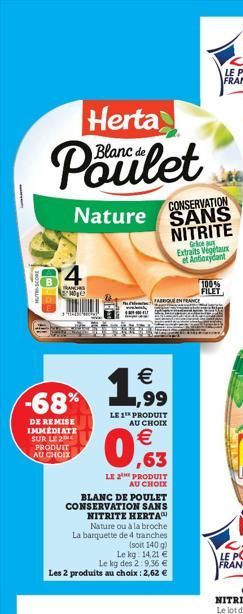 Herta  Blanc de  Poulet  CONSERVATION Nature SANS NITRITE  BAN M  -68%  DE REMISE IMMÉDIATE SUR LE 2 PRODUIT AU CHOIX  €  LE 1¹ PRODUIT AU CHOIX  €  0,63  LE 2 PRODUIT AU CHOIX  BLANC DE POULET CONSER