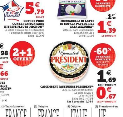 C... LE PORC FRANÇAIS  5,979  LE LOT  ROTI DE PORC CONSERVATION SANS NITRITE FLEURY MICHON Le lot de 2 barquettes de 4 tranches +1 barquette offerte (soit 480g) Lekg: 12,06 €  Camembert PRESIDENT  MOZ