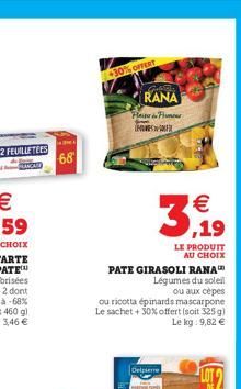 68  30% OFFERT  PATE GIRASOLI RANA Légumes du soleil  ou aux cèpes  ou ricotta épinards mascarpone Le sachet + 30% offert (soit 325 g) Le kg: 9,82 €  RANA  Plasser in Frances THESE  €  3,19  Delplere 