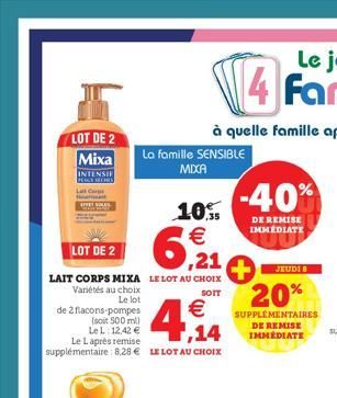 LOT DE 2 Mixa  INTENSIF  10%  LOT DE 2  6,21  LAIT CORPS MIXA LE LOT AU CHOIX  Variétés au choix Le lot  SOTT  de 2 flacons-pompes  €  (soit 500 ml) Le L 12,42 € Le Laprès remise  1,14  supplémentaire