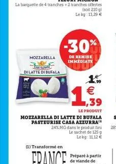 mozzarella  cina agnete  di latte di bufala  (1) transformé en  -30%  de remise immediate  1.5  € 1,39  le produit  mozzarella di latte di bufala pasteurise casa azzurra™  24% mg dans le produit fini 