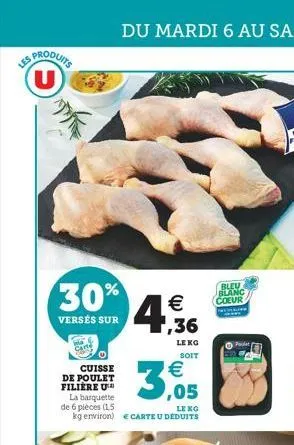 les produits u  30%  versés sur  cuisse de poulet filiere u  la barquette de 6 pièces (15  lekg  kg environ) e carte u déduits  € 1,36  le ko soit  3,05  bleu blanc coeur  