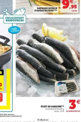 engagement ressources  vendu  ace  daurade royale d'aquaculture****  3€  le kg: 12€ la barquette  filet de sardine la barquette de 250 g 