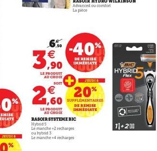 JEUDI  3  6% -40%  €  RASOIR SYSTEME BIC  Hybrid S  Le manche +2 recharges ou hybrid 3  Le manche +4 recharges  ,90  LE PRODUIT AU CHOIX  JEUDI  SOIT  € 1,60 SUPPLÉMENTAIRES  20%  LE PRODUIT AU CHOIX 