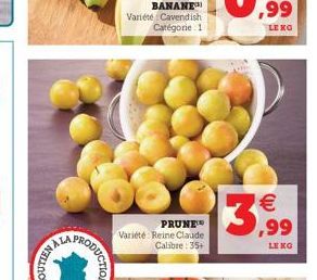 HALA PROC  RODUCTION  BANANE  Variété Cavendish. Catégorie 1  PRUNE Variété: Reine Claude Calibre: 35+  3,99 