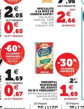 21,05  €  0  -60%  DE REMISE IMMEDIATE SUR LE 2 PRODUIT  1,69  €  LE 1 PRODUIT  €  0,7  SPECIALITE A LA NOIX DE JAMBON AOSTE  L'étude 190 g Vendu seul: 3,99€ Le kg 21 €  Le kg des 3:14 €  PRESIDENTT  