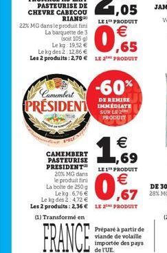 Camembert PRESIDENT  FACE  CAMEMBERT PASTEURISE PRESIDENT  LE 1 PRODUIT  (soit 105 g) Le kg: 19,52 € Le kg des 2:12,86 € Les 2 produits: 2,70 € LE 2 PRODUIT  € ,65  0  -60%  DE REMISE IMMEDIATE SUR LE