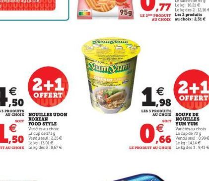 2+1  OFFERT UU  NOUILLES UDON KOREAN FOOD STYLE Variétés au choix La cup de 173 g  Sans m  Emsal Se  95g  Yum Yum  LES 3 PRODUITS  77 Leg:16.21 €  Le kg des 2:12.16 € LE 2 PRODUIT Les 2 produits AU CH